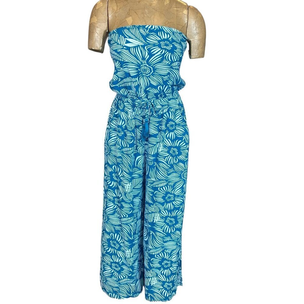 Blue Island Slit‎ Wide Leg Strapless Jumpsuit Sz M Tropical Print #343F